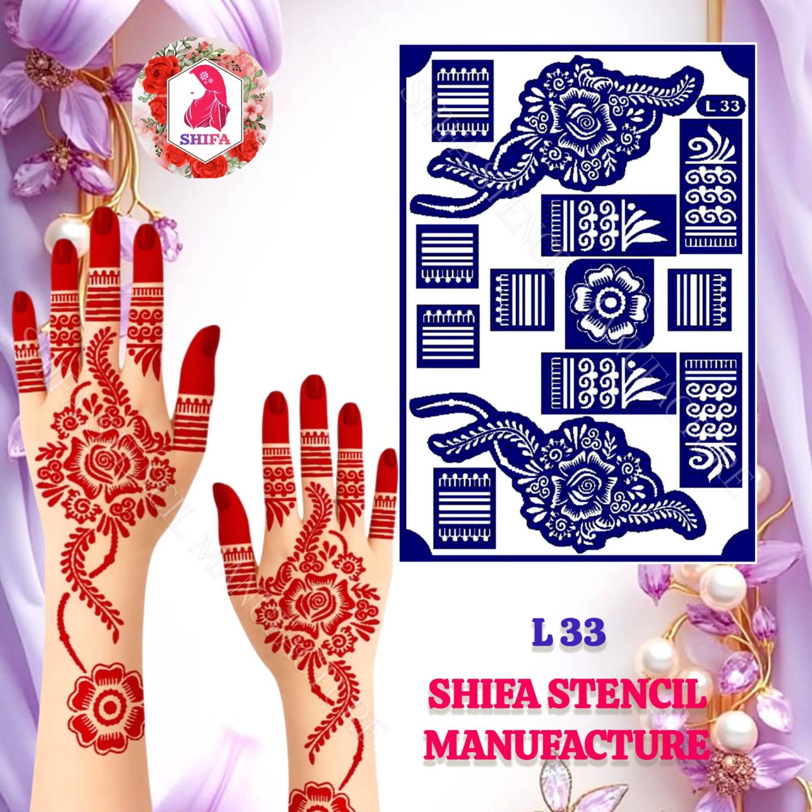 L33 Elegant Rose Themed Arabic Design  Sticker Overview  Henna Stencil - Shifa Stencil